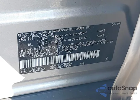 2019 Toyota Rav4 Xle z USA, uszkodzony, nr VIN 2T3W1RFV7KW025202